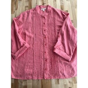 JM Collection 100% Linen Button Up Tunic Blouse Long Sleeve Pintuck Pink 22W